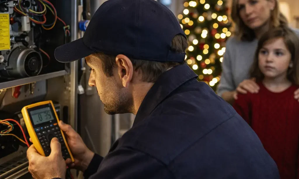 HVAC technician performing emergency furnace repair during the holidays
