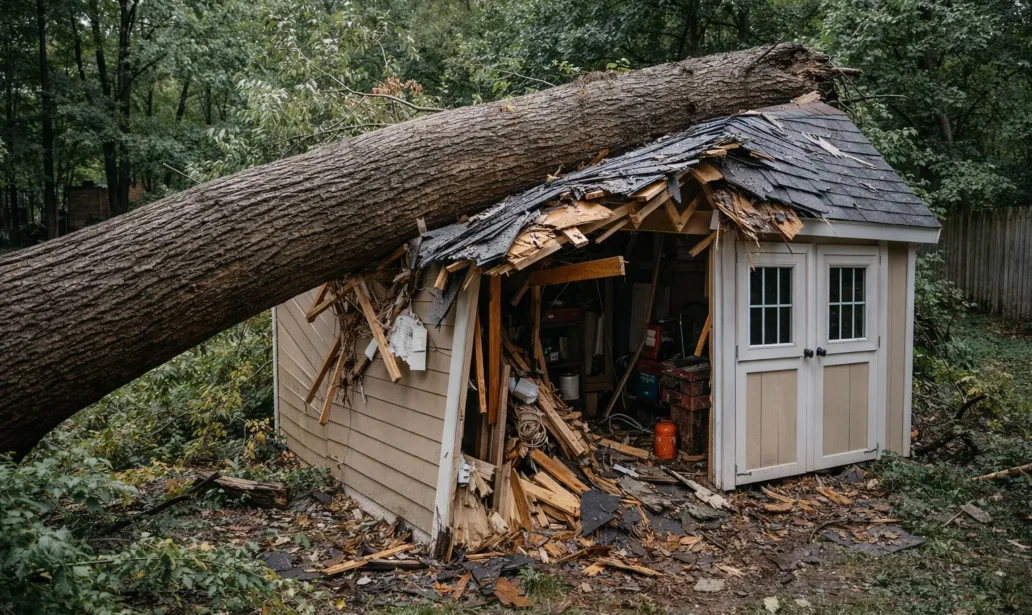 Large fallen tree crushing backyard shed with severe roof and wall damage