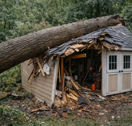 Large fallen tree crushing backyard shed with severe roof and wall damage